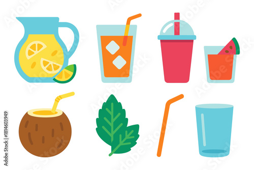 Refreshing summer drinks flat design with citrus, coconut, and watermelon