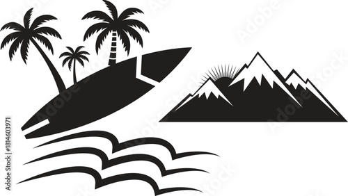 Surfboard palm trees waves and mountains silhouette illustration