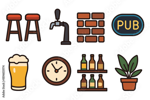 Colorful flat icons of bar elements: stools, beer, pub sign, and decor