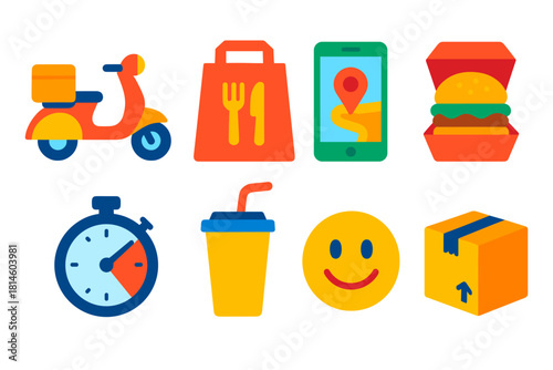 Delivery service icons for fast food, tracking, and packages in modern flat design