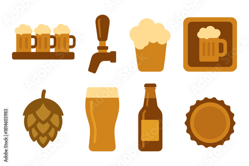 Craft beer icons set in flat design with foam, glasses, and bottles