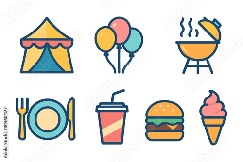 Colorful outline icons of festival and food with tent and balloons