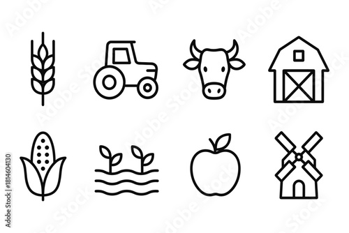 Farm icons set: agriculture, harvest, and farming line art symbols