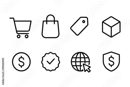 Minimalistic shopping and e-commerce icons set in linear style
