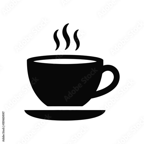 Black silhouette of a hot coffee cup on saucer with steam on white