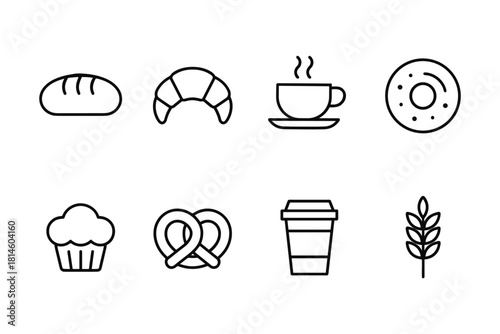 Minimalist bakery icons: bread, coffee, donut, croissant, muffin, pretzel, to-go cup, wheat