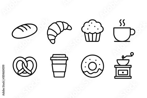 Minimalist coffee and bakery icons set featuring bread, croissant, and coffee cup