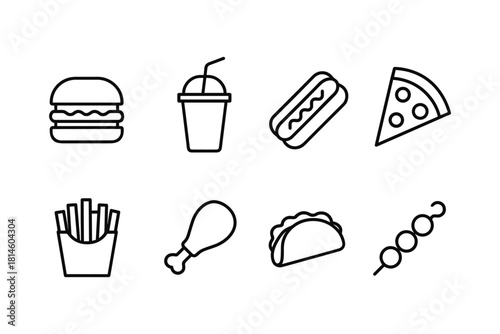 Minimalist fast food icons featuring burgers, beverages, and snacks in line art style