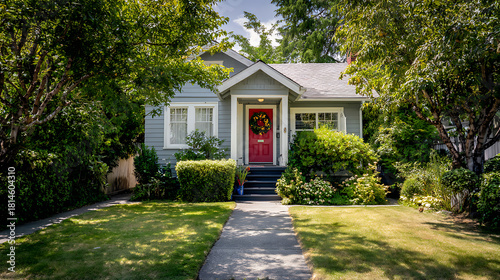 Quaint gray house with red door and lush green garden home residential