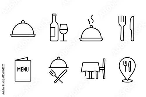 Elegant linear icons of restaurant dining essentials and table settings