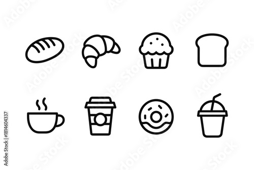 Minimalist linear icons of bread, pastry, coffee, donut, and drink for cafe menus