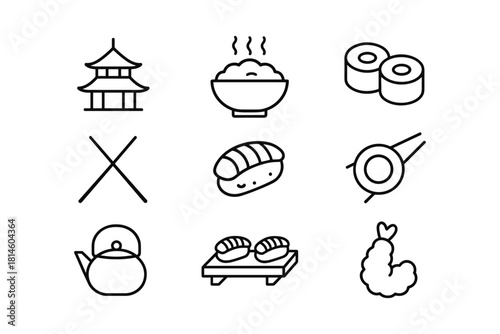 Japanese cuisine icons: sushi, rice, tea, and traditional elements in linear style