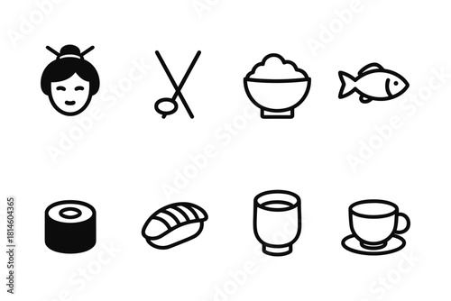Minimalist icons of japanese cuisine and culture in black and white outline