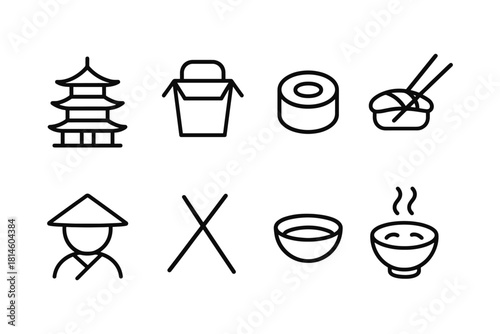 Line art icons of asian cuisine and culture - simple and minimalist