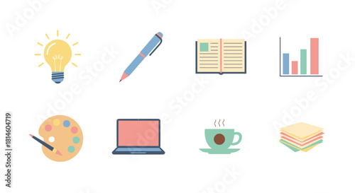 Creative set of iconic office and study essentials in pastel colors