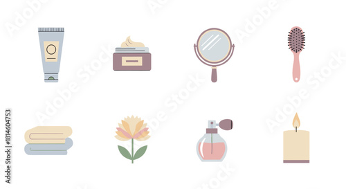 Minimalist beauty and self-care icons set featuring cosmetics and accessories