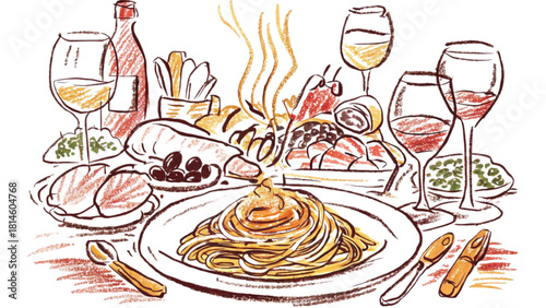 Sketchy illustration of Italian food and wine on a table