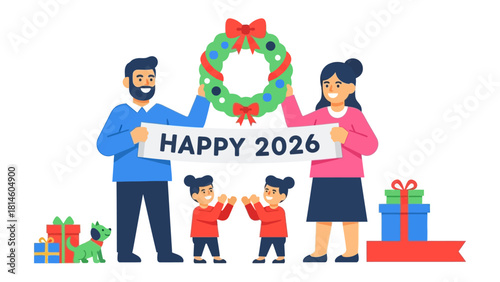 Joyous Family Celebration: A united family joyously celebrates a festive occasion, their faces beaming with happiness, while they hold a banner, a wreath and gifts to welcome the new year.