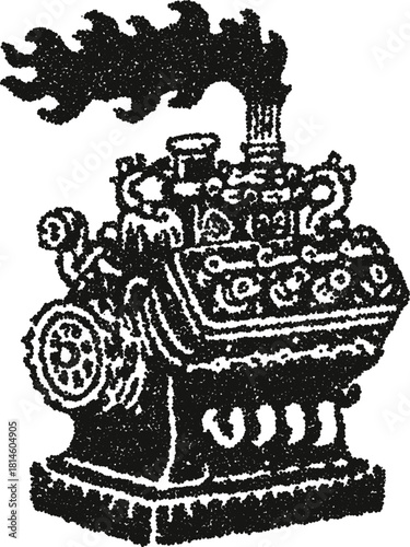 Industrial engine vector illustration with pipes and smoke in mechanical vintage stipple dotwork style
