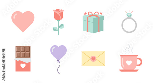 Romantic love icons set with heart, rose, gift, and engagement ring in pastel colors