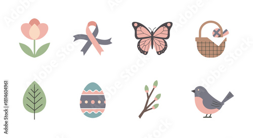 Springtime pastel icons featuring flowers, ribbon, butterfly, and easter symbols