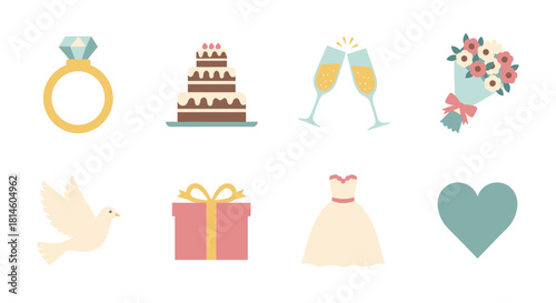 Elegant wedding icon set featuring rings, cake, and dresses in a flat minimalist style