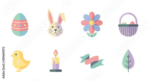 Pastel spring icons featuring easter egg, bunny, flower, basket, chick, candle, ribbons, and leaf