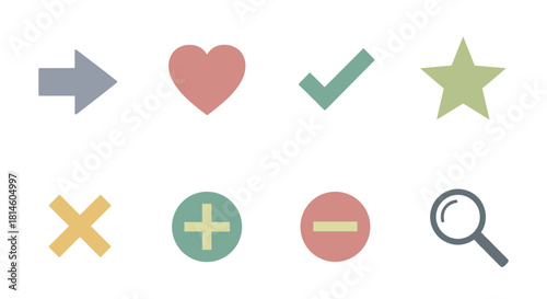 Minimalist icon set: arrows, shapes, and symbols in soft pastel colors