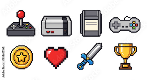 Retro gaming icons set featuring nostalgic pixel art elements