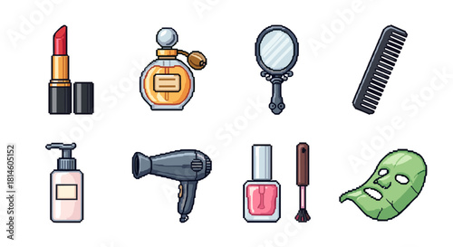 Retro pixel beauty icons set featuring makeup, perfume, and skincare essentials