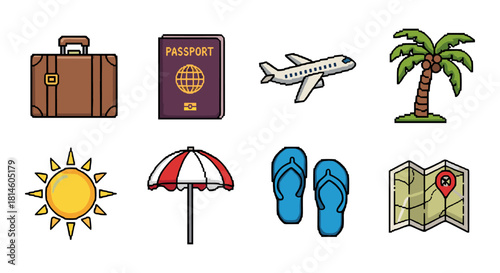 Colorful travel icons featuring luggage, passport, airplane, and beach elements