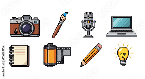 Retro pixel icons of creative tools for art and technology enthusiasts