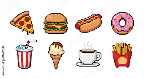 Retro pixel art set of fast food favorites: pizza, burger, hot dog, donut, milkshake, ice cream, coffee, and fries