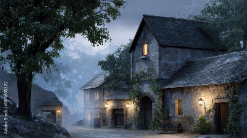 Fototapeta Naklejka Na Ścianę i Meble -  Small medieval village, stone houses with wooden doors and windows in a misty forest at night. The soft light of lanterns illuminates the cobblestone paths between the trees. Realistic oil painting.
