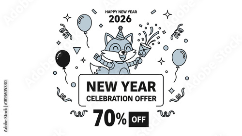 New Year Celebration Offer: A festive cartoon fox, embodies the jubilant spirit of the New Year, a playful design inviting celebration. 