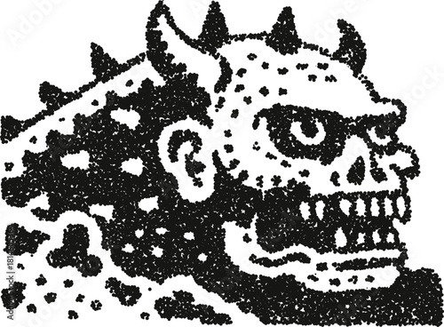 Horned ogre monster head vector illustration with sharp teeth and spotted skin in gritty stipple dotwork style
