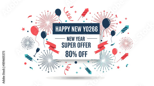 New Year Super Offer Banner: A festive banner with a message about New Year's offers with fireworks and celebratory elements, promoting a sense of joy and excitement.
