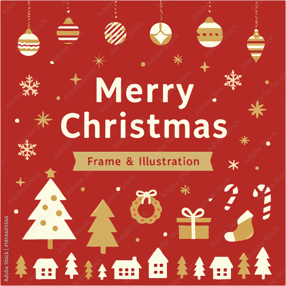 Fototapeta premium Festive merry christmas greeting card elements featuring ornaments trees gifts and snowflakes on red background