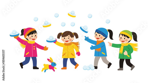 Joyful Snowball Fight: A group of playful children engage in a winter snowball fight, throwing snowballs in a flurry of winter fun. The scene is filled with laughter and happiness.