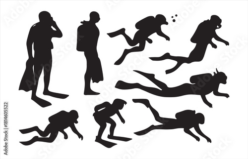 Diverse silhouettes of scuba divers in various poses underwater and on land