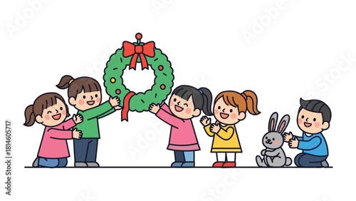 Holiday Cheer and Unity:  A group of children, filled with excitement, collaborate to adorn a holiday wreath. A scene of friendship and the joys of the season.
