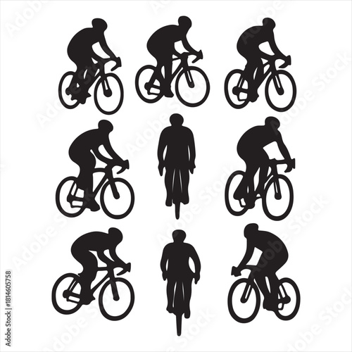 Collection of silhouetted cyclists in various poses and angles on bicycles