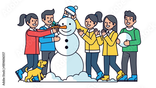 Building a winter dream: A group of friends and a playful dog collaborate on building a cheerful snowman, enjoying a perfect winter day.