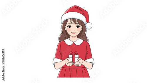 Festive Giving: A cheerful figure in a Santa hat and dress offers beautifully wrapped gifts, embodying the spirit of sharing and joy during the holiday season.