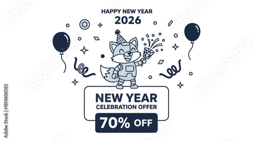 New Year Celebration: Festive illustration perfect for a celebration advertisement. An adorable fox, donned in celebratory attire.