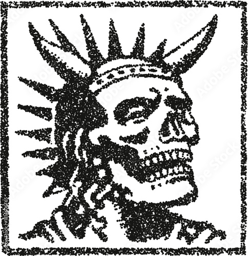 Radiant punk skeleton with spiky halo, stipple vector illustration for underground music poster, edgy tattoo and alternative apparel design 