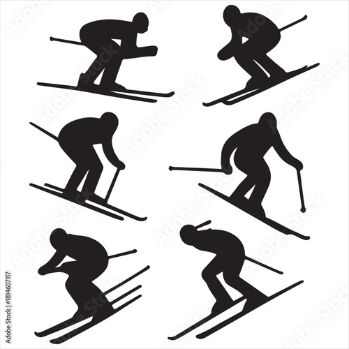 Silhouette collection of skiers in various dynamic poses on snowy slopes
