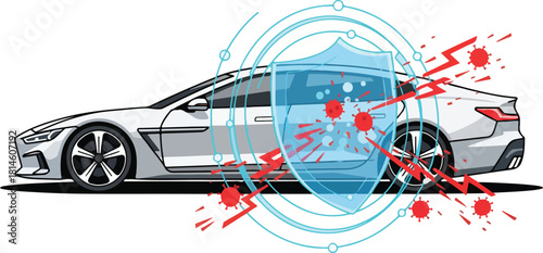 Car security system vehicle protection auto insurance safety shield secure transport automotive safety digital security cyber protection modern car advanced technology.