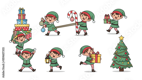 Christmas Elves' Gifts: A collection of charming elves, brimming with holiday cheer, busily carrying and adorning gifts and a Christmas tree, preparing for a festive holiday celebration.