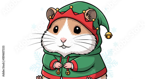 A cute hamster wearing an elf costume, smiling, with a festive red and green outfit.